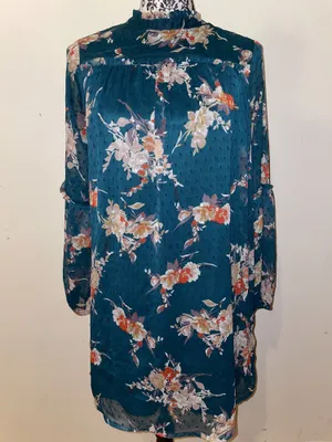 Japna Floral Boho Semi Sheer Mock Neck Bell Sleeve Peasant Dress Size Medium thumbnail 2