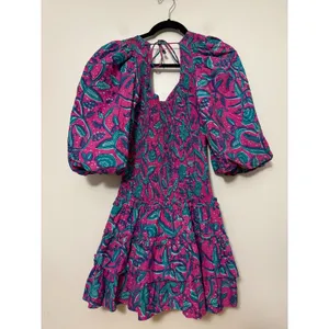 Love The Label Pink Teal‎ Paisley Smocked Puff Sleeve Tiered Mini Dress XS thumbnail 5