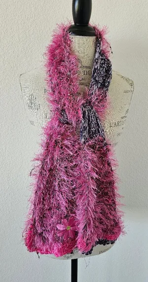 Vintage Y2K Hand Knitted Fuzzy E-Girl Scarf – Pink & Purple Eyelash Yarn Beaded thumbnail 1