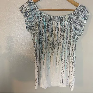 Calvin Klein‎ Jeans White Top with Aqua & Navy Vine Print Earthy summer casual M thumbnail 7