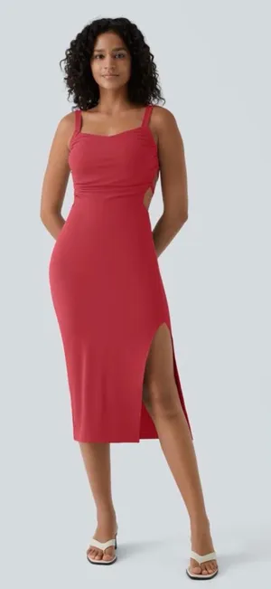 NWT Halara Softlyzero Airy Ruched Lace-Up Bodycon Midi Dress - Winterberry thumbnail 1