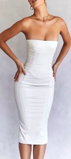 NWOT House of CB- Camilla Ivory Strapless Midi Dress Bodycon Faux Leather Sz XS thumbnail 1