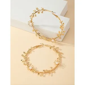 NEW!! Gold Leaf Pearl Hoop Earrings Large Round Floral Boho Circle Pearls Bridal thumbnail 2