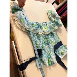 Vintage Handmade Blue Green Floral Print Lace Trim Bow Peplum Top Size Small thumbnail 5
