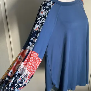 New Boho Balloon Sleeve Color Block Patchwork Jersey Knit Top Long Sleeve Blouse thumbnail 2