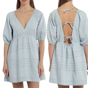 NWT Avec Les Filles‎ Women's Tie Back Puff Sleeve Babydoll Dress Blue Size Small thumbnail 2