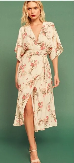 Reformation Karen Kimono Midi Wrap Dress Leila Floral Tulip Size‎ XS Cream Pink thumbnail 1