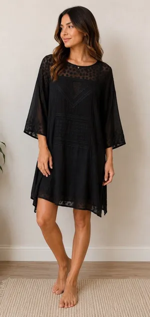 Wilfred Aritzia Black Embroidered Shift Dress L Sheer Lace Yoke Cover Up thumbnail 1