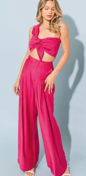 Flying Tomato Fuschia Pink Twisted Crop Top High Rise Wide-Leg Pant Set Sz S & M thumbnail 1