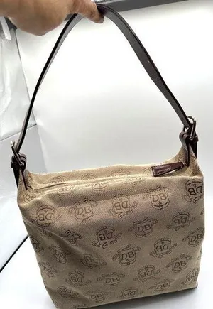 Dooney & Bourke Beige Signature Logo Canvas Shoulder Bag Brown Leather Strap thumbnail 1