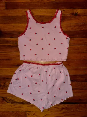 Love Peace & Lazy Days Strawberry Lace Trim Pajama Set Pink Coquette PJs Viral thumbnail 6