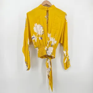 Free People‎ Say You Love Me Yellow Floral Mock Neck Keyhole Wrap Blouse Small thumbnail 8
