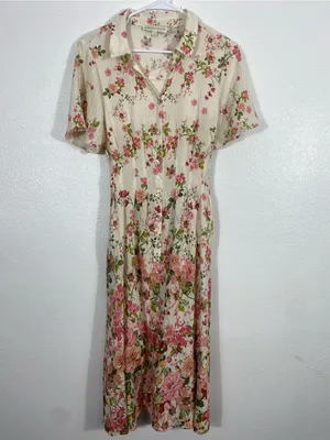 Floral Button-Front Midi Dress in Cream and Pink Size M thumbnail 3