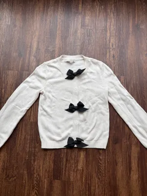 LOFT Women’s Ivory Cardigan Black Satin Bow Ribbon Coquette Crewneck Sweater- XS thumbnail 2