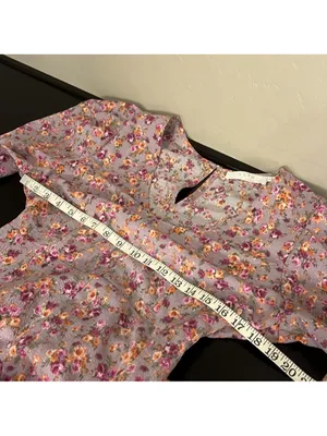 ASTR the Label Puff Sleeve V-Neck Back Cutout Midi Dress, purple peach floral XL thumbnail 10