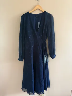 Lulus Evening of Elegance Navy Blue Floral Jacquard Wrap Midi Dress Size XL NWT thumbnail 4