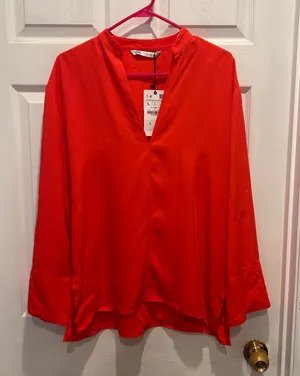 NWT Zara Orange‎ Long Sleeve V Neck Blouse Top Womens Large V Neck Lyocell Blend thumbnail 1