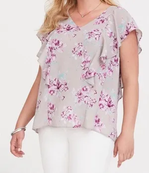 Torrid Women 2X Pink Floral‎ Flutter Sleeve Georgette Gray Shirt Boho Feminine thumbnail 1