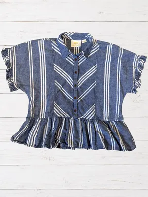 Anthropologie Maeve Allison Flounced‎ Button Down Blouse XS Linen Cotton Striped thumbnail 11