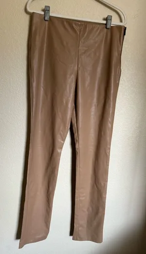 ZARA Faux Leather High Rise Straight Leg Pants Leggings Split‎ Hem Sz XL tan NEW thumbnail 1