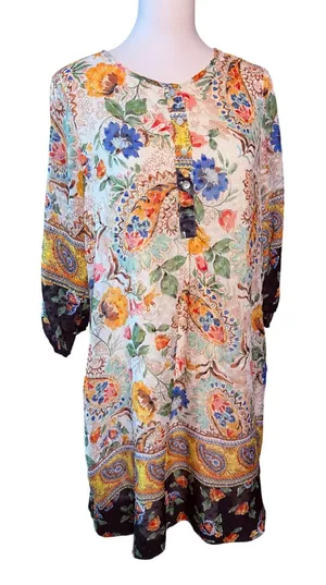 Figueroa & Flower Womens L Floral Paisley Border Print Tassel Tunic Shift Dress thumbnail 1