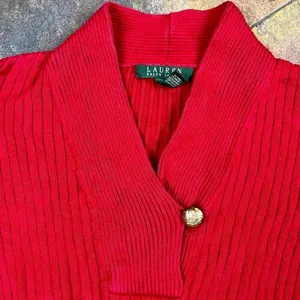 Lauren Ralph Lauren Red Ribbed Sweater Shawl Collar Gold Button Medium thumbnail 7