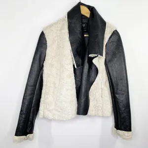 FC Jeans Women Faux Fur Lined Moto‎ Jacket Black Cream Sz 6 Sherpa Vegan Leather thumbnail 1