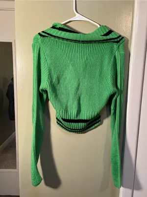 Women’s Size XL V-Neck Cut Out Sweater Green Black Stripes Ribbed Long Sleeve thumbnail 5