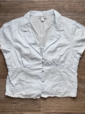 Coquette white/blue gingham button down blouse lace trim femenine minimalist thumbnail 2