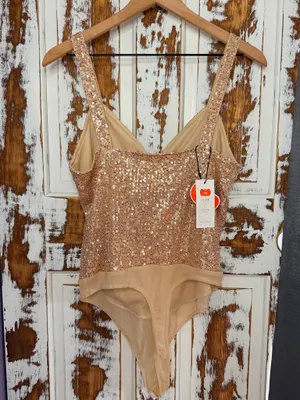 Cider Rose Gold Sequin Bodysuit Glitter Party Top Size Large NWT Glam Cocktail thumbnail 2