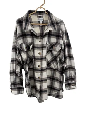 Arizona Jeans Cream black plaid button front shacket shirt jacket XXL thumbnail 1