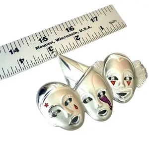 Vintage Silver Tone Triple Clown Theater Mask Enamel Brooch thumbnail 8