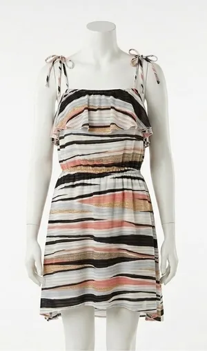Takara Striped Ruffle Popover Tie Strap Midi Dress Pink Beach Boho Size Large thumbnail 1