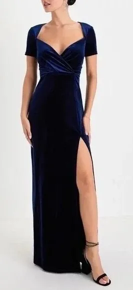 Lulus Eternal Elegance Maxi Dress Womens XS Navy Velvet Short Sleeve Front Slit thumbnail 1