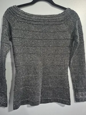 Y2K Vintage Cache 90s 2000s grey Metallic Ribbed Off The Shoulder Knit Top Small thumbnail 6