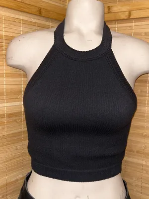 Aerie halter crop top ribbed stretchy knit fabric high neckline tank top small thumbnail 1