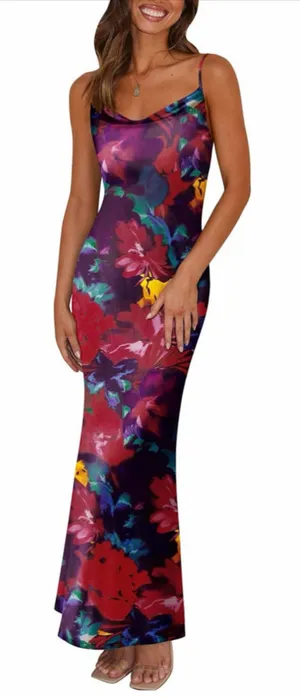 PRETTYGARDEN NEW Floral Spaghetti Strap Maxi Dress Stretch Bodycon L thumbnail 1