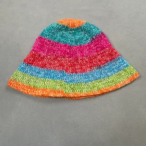 Handmade Crochet Bucket Hat Colorful Striped Knit Hippie Boho Women Vibrant Y2K thumbnail 3