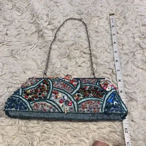 Hand Beaded Shell Clutch Purse Teal Blue Kiss Lock Evening Bag w/ Chain thumbnail 12