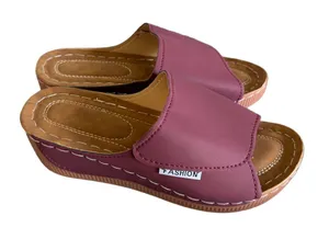 Women's Wedge Slip On Wine Colored Open Toe Shoe Size 37 aka 7 #260767 thumbnail 1