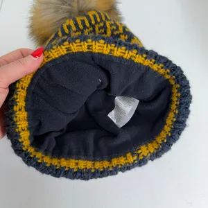 Ariat Beanie Fair Isle Fleece Lined Faux Fur Pom Knit Navy Yellow Warm Outdoor thumbnail 7