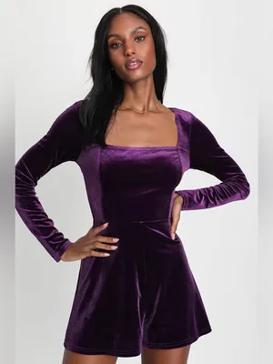Lulu's Feeling Cheery Purple Velvet Long Sleeve Tie-Back Romper thumbnail 3