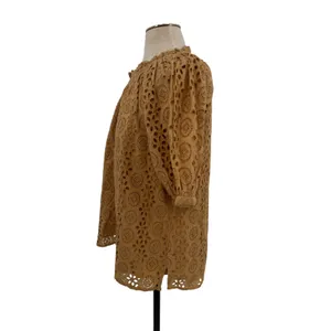 Cleobella Kate Organic Cotton Eyelet Puff Sleeve Blouse Wheat Brown Size Large thumbnail 5