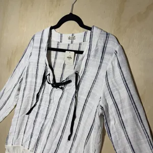 Free People Intimately Bodysuit Top Medium NWT‎ Lace Up Striped Boho Linen Blend thumbnail 2