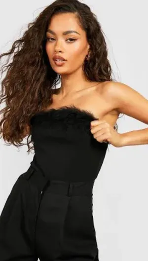 Zaful Black Velour Feather Trim Bodysuit thumbnail 1