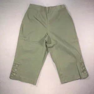 Womens Sage Green Cropped Capri Pants Elastic Back Button Hem Detail thumbnail 1