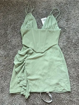 Mistress Rocks Corset Bodice Sage Green Mini Dress with Side Ruffle thumbnail 1