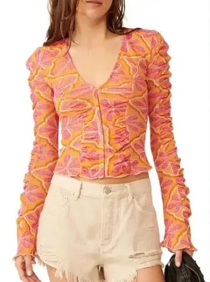 Free peiple pink and orange floral ruched top nwot Xs thumbnail 1