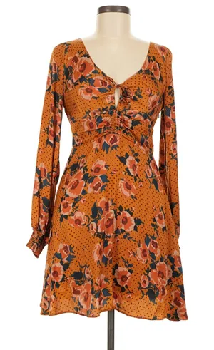 Free People Orange Floral Polka Dot Cutout Mini Dress Size 6 Long Sleeve thumbnail 1