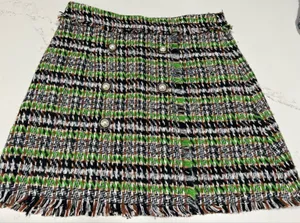 NEW Green Tweed Winter Lined Pearl buttons Fringe trim Mini Skirt 28” waist 2/4 thumbnail 1